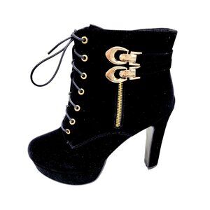 Black High Heel Womens Lace-Up Ankle Boots With Gold Zipper Size 44/US 11.5